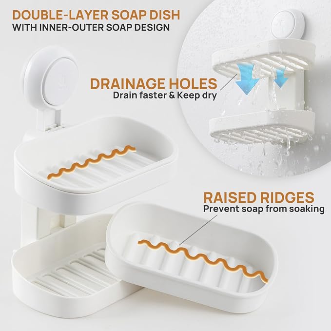 LEVERLOC Soap Holder, Soap Dish for Shower, Suction Cup Bar Soap Holder | 2 Layer Soap Bar Holder for Shower, Wall Mounted Self Draining, NO Drill Sponge Holder for Bathroom, Bathtub Kitchen Sink