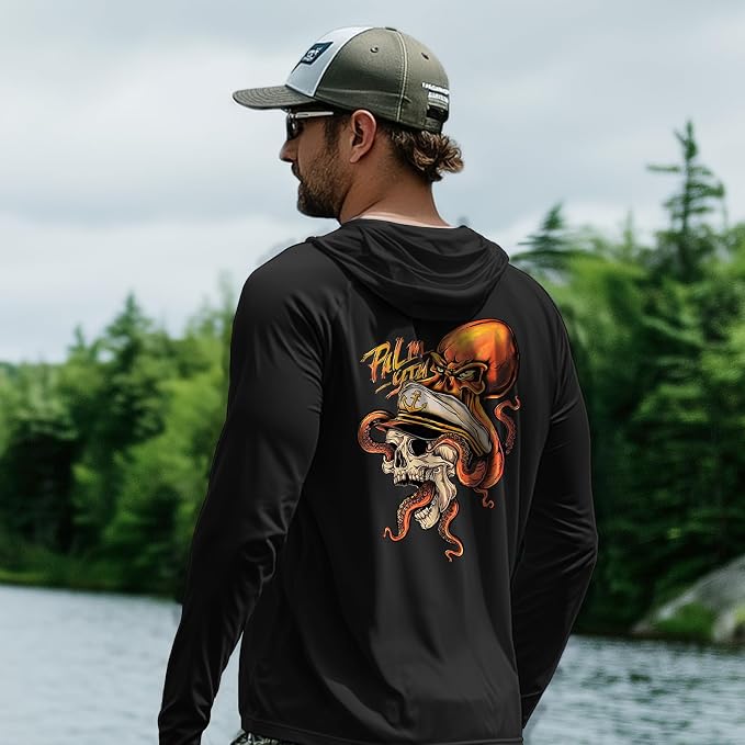 Palmyth Men's Fishing Hoodie UPF 50+ Long Sleeve with Face Mask Neck Gaiter | Zipper Pocket, Thumb Loops, Quick-Dry, Side Mesh Panels, Lens Cleaning Cloth