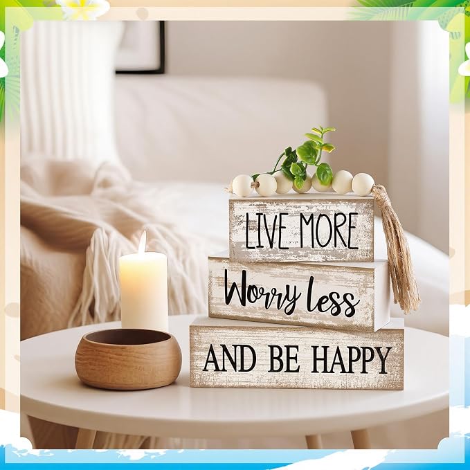 Moucuny 4 Pcs Inspirational Farmhouse Table Decor Rustic Stacked Wooden Block Sign - Live More Worry Less Be Happy Centerpieces Set with Beaded Tassel and Artificial Plant for Home, Office, Shelf Gift