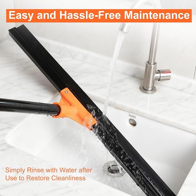 BUVE 18" Heavy Duty Floor Squeegee for Concrete Water Removal | Double-layer Rubber Wiper Broom|60" Long Metal Handle for Concrete Tile Garage Deck Bathroom Kitchen Pool|Orange