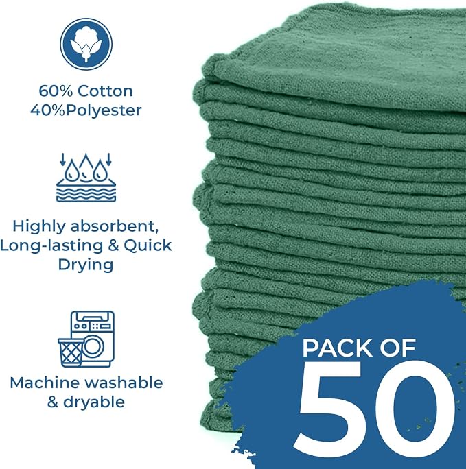 DAN RIVER Shop Towels 12x14 inc 50 Pack Green Terry Cloth Rags | Washcloths for Cleaning Cars & Household Surfaces Well Absorbent, Reusable Cleaning Rags Washable 60% Cotton 40% Polyester