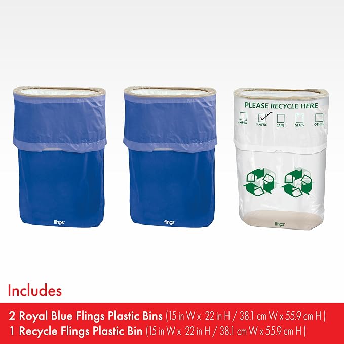 Party City Flings Plastic Bin (3-Pack) - Royal Blue (2) and Recycle (1) - 22 x 15 - Stylish & Convenient Portable Waste Solution for Events & Parties