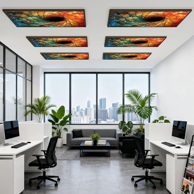 6 Pcs Fluorescent Light Covers for Ceiling Lights Colorful stained glass spiral computer generated abstract 3D rendering Magnetic Decorative Shade Filters 4x2 ft for Classroom Office Hospital Decor