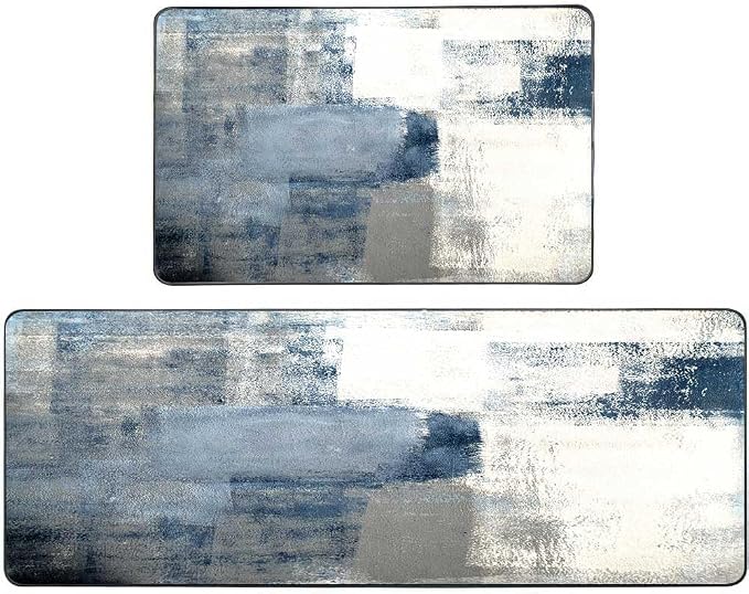 TOMWISH Grey and White Kitchen Rugs Non-Slip Standing Desk Mat | Kitchen Rug Set for Kitchen Floor Office Dining Room Sink Laundry 17"X48"+17"X24" Kitchen Decor and Accessories