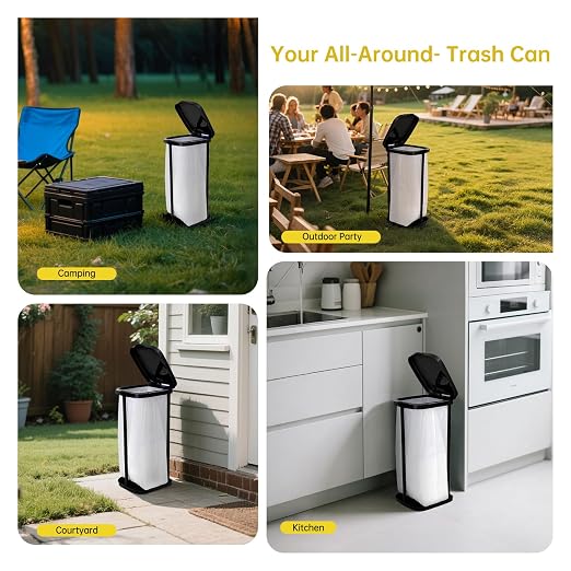 Portable Trash Bag Holder Collapsible Trash Can with Lid, Trash Can for Outdoor Indoor Camping, Kitchen, Party, 15 Gallon Trash Bag Stand