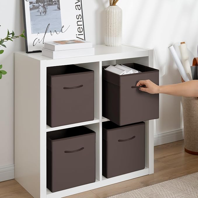 StorageWorks 11in Leather Storage Cubes, Cube Organizer Bins, Brown, 4-Pack | Reinforced Handle & Front Panel, Faux Leather Front, Non-woven Fabric, Collapsible, Space-Saving, For Closet, Bedroom, Office