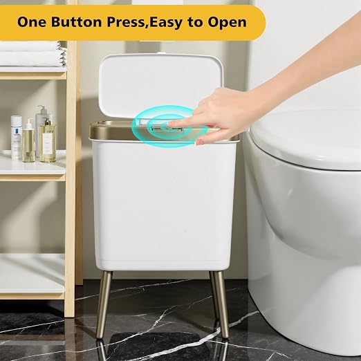 Bathroom Trash Can with Lid, 4 Gallon Modern Garbage Can with Removable Legs, Plastic Garbage Bin, Slim White and Gold Trashcans for Bedroom, Living Room, Office, Kitchen