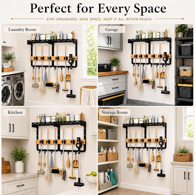 Broom Holder Wall Mount, Mop Organizer With Shelf And Vacuum Holder