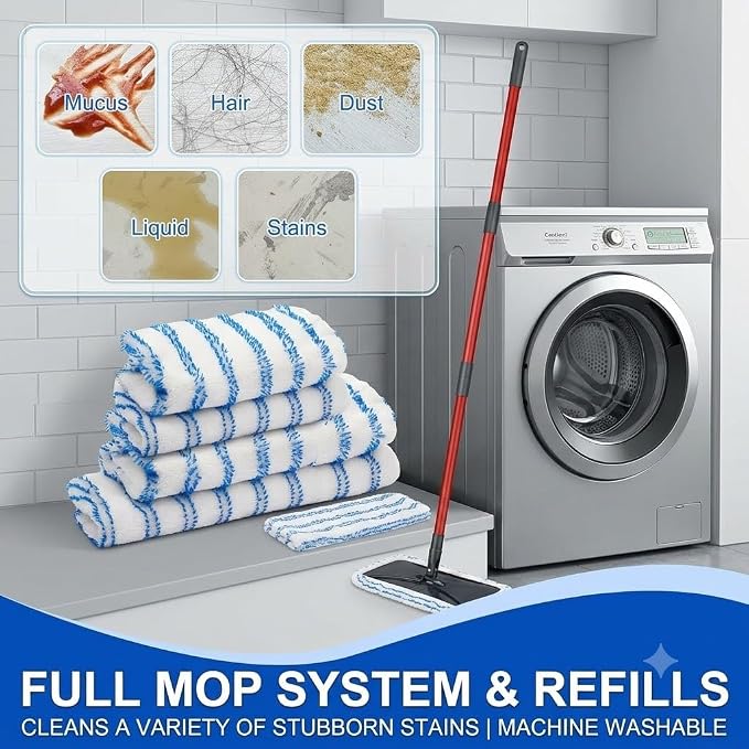 Microfiber Flat Mop Kit with Large Surface Dust Flat Mop for Floor Cleaning , 2 Reusable Pads & 1 Extendable 58" Long Handle O Cedar Hardwood Floor 'N More,Wet & Dry Use