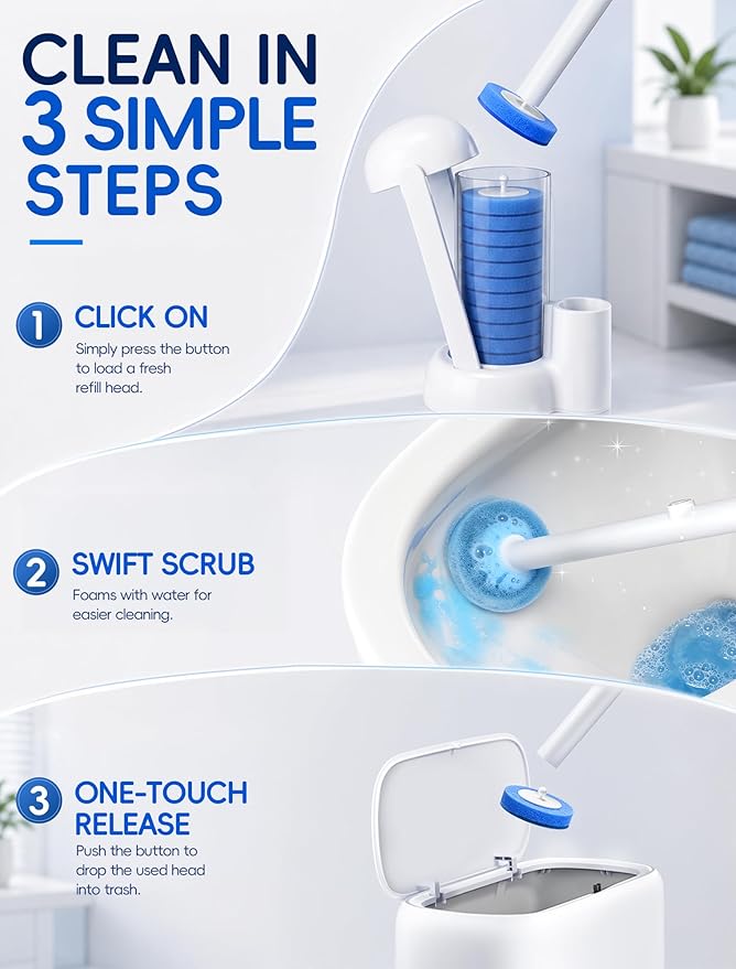 Disposable Toilet Brush System, Toilet Bowl Cleaning Wand with Lift-to-Open Refill Case, Blue Refill Heads and Freestanding Holder, 1 Wand and Holder Set with 35 Blue Refills