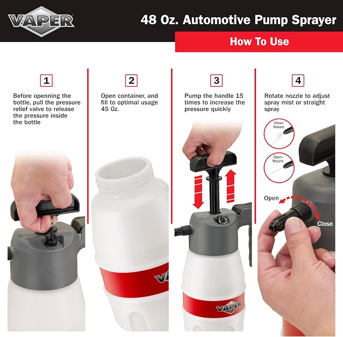 Vaper 19495 48oz Automotive Pump Sprayer, Pressurized Sprayer with Durable, High-Density Polyethylene Construction, Adjustable Nozzle for Multiple Spray Patterns
