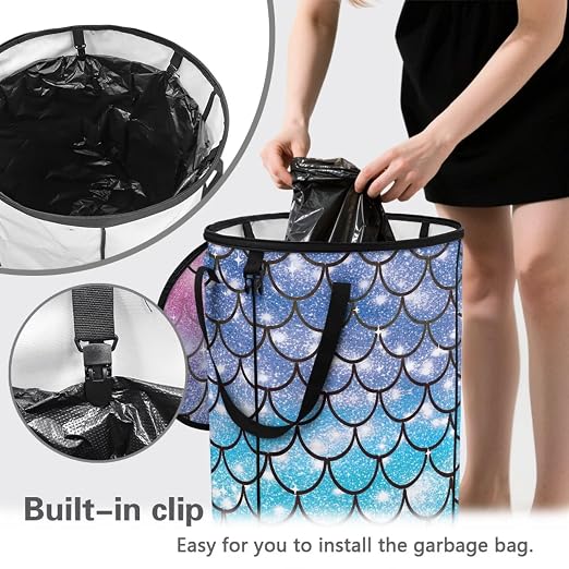 BIGCARJOB Blue Scale Foldable Trash Can Outside Waste Basket Bin Water Resistant Garbage Bag 22.83x17.71 Recycling Bin Trash Can with Lid and Clip(23 Gallons)