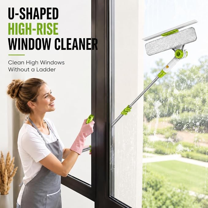 ORIXA U Shaped Window Cleaner for Outside Windows, Extendable Telescopic Pole with Rotatable Squeegee Head, Clean Exterior Glass from Inside, 2 Reusable Microfiber Cloths