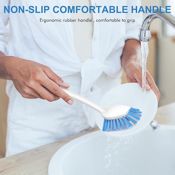 SetSail Dish Brush with Handle, 2 Pack Stiff Bristles Dish Scrubber with Built-in Scraper Dish Scrub Brushes for Cleaning Dishes, Pots and Pans, Kitchen Sink | Built-In Scraper Tip, Non-Slip Rubber Handle, Hanging Loop for Storage Deep Cleaning for Dis...