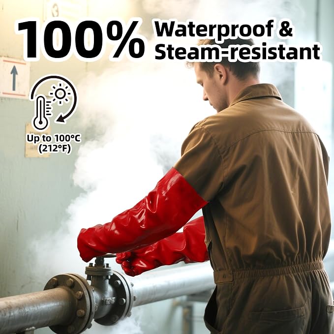 Schwer 23.5" PVC Chemical Resistant Gloves, Heavy Duty Waterproof Work Gloves Resist 212°F Boiling Water, Steam, Acid, Alkali & Oil, Long Glove for Cleaning, Dishwashing and Industrial Work, PR611