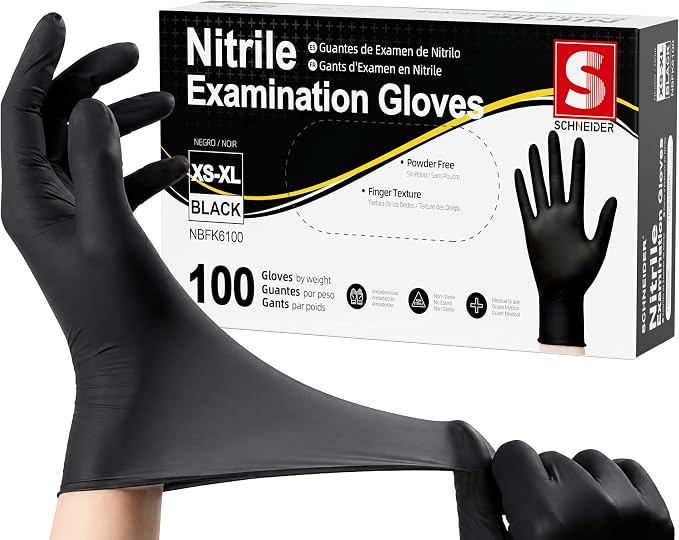 Schneider Black Nitrile Gloves, Gloves Disposable Latex Free, Powder Free | 3-Mil, Medical Exam Glove, Food Safe Gloves, Cooking Gloves, Cleaning Gloves