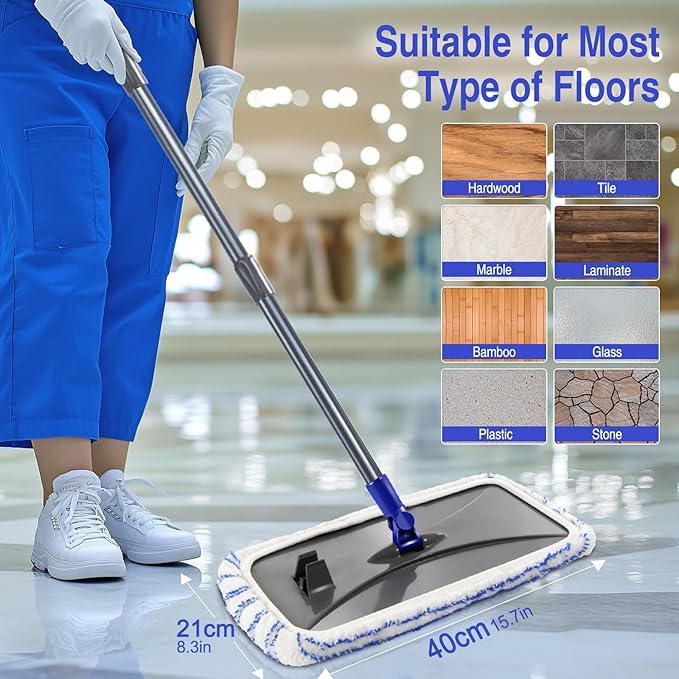 Microfiber Mops for Floor Cleaning,Hardwood Floor Mop with 5 Reusable Pads | Extra Large Industrial Mop,Floor Commercial Mop for Wet & Dry Use, Flat Mops for Hardwood, Vinyl, Laminate, Tile Floors