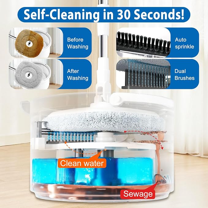 Spin Mop and Bucket with Wringer Set, Clean/Dirty Water, 3 Pads, 52" Handle | 360° Spinning Mop System with Separate Clean & Dirty Water Bucket & 3 Microfiber Pads for Floor & Wall Cleaning