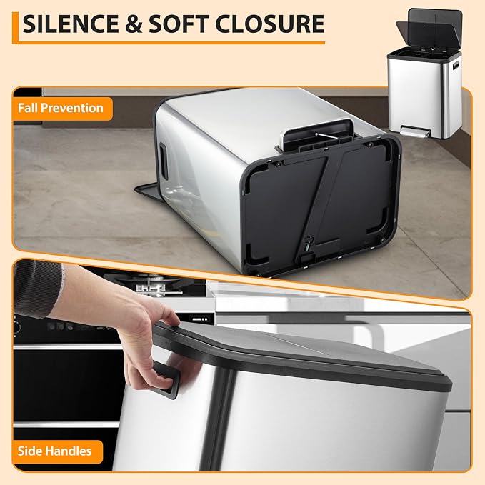 IDEALHOUSE 2 x 4 Gal (2 x 15L) Kitchen Dual Trash Can, 30 Liter Stainless Steel Recycling Bin, Removable Inner Bin and Soft Close Lid, Garbage Can for Home, Office, Business - Silver