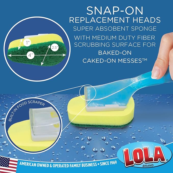 LOLA Soap Dispenser Dish Wand Sponge Head Refills, 2 Pack, Super Absorbent Scrubber, Non-Scratch, for Cleaning Dishes, Sinks and Cookware