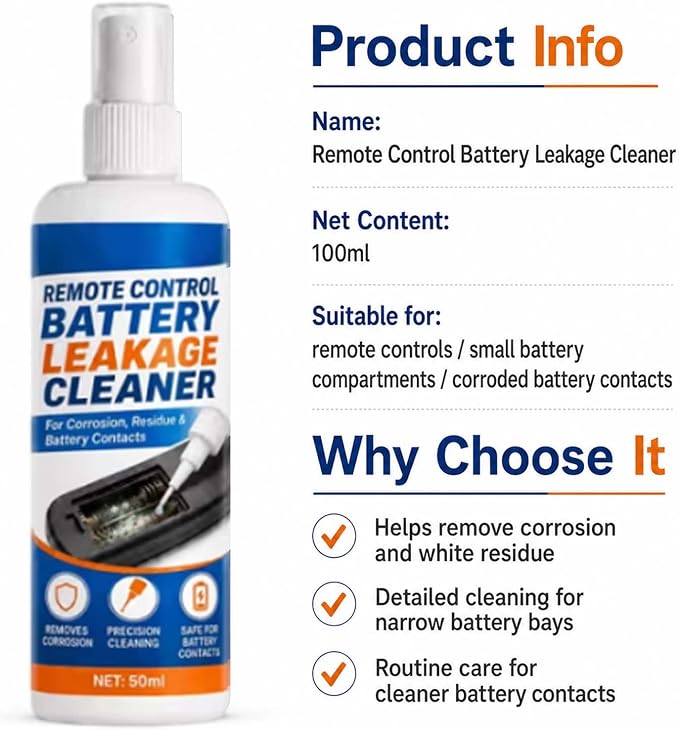 Remote Control Battery Leakage Cleaner, Battery Terminal Cleaner，100ml-2pcs | Precision Cleaning, Safe for Battery Contacts, Includes Microfiber Cloth, For Residue Buildup