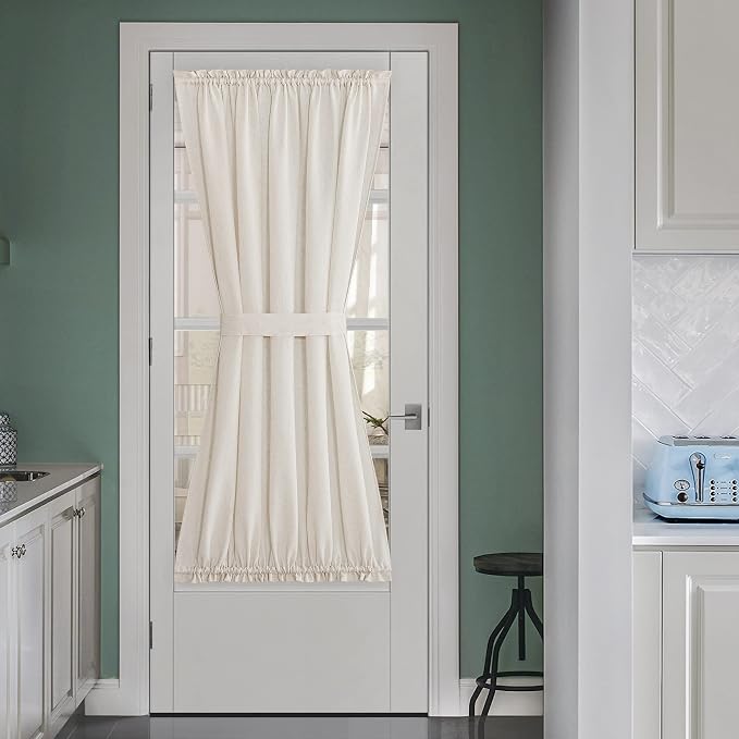 NICETOWN Natural Linen French Door Curtains for Kitchen Window Cover | Light Filtering, Rod Pocket with Tieback, Farmhouse French Door Shade for Front Back Window Cover, 1 Panel, Off White