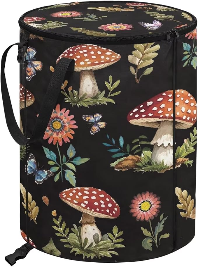 Mushroom Leaf Print Collaspible Trach Can wtih Lid and Handles 24 Gallon Large Capacity Trash Can for Yard Picnic Camping Garden Leaf Bin Reusable Waster Bags