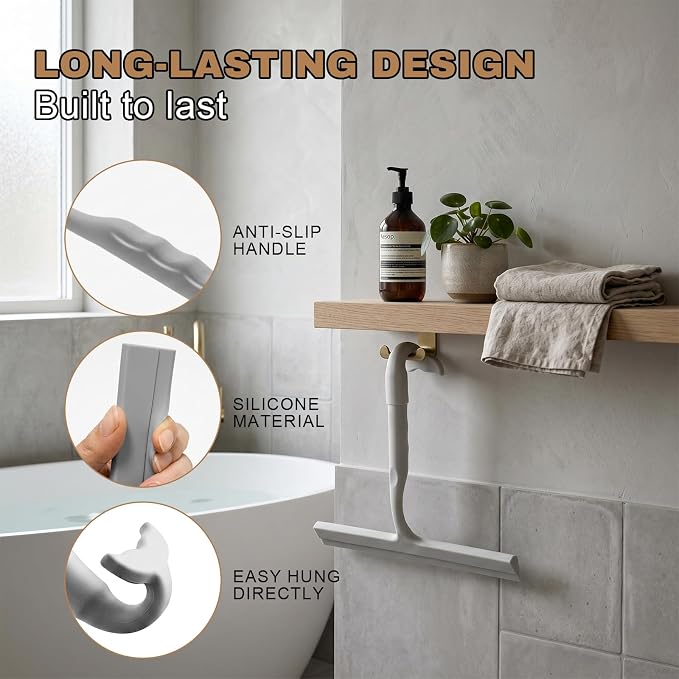Shower Squeegee for Glass Doors, 8-Inch Silicone, Fishtail Type Hook, Grey | One-piece Silicone, Fishtail Hook, Non-slip Grip and Quiet Glide for Shower Glass, Tile, Mirrors, Windows and Car Glass