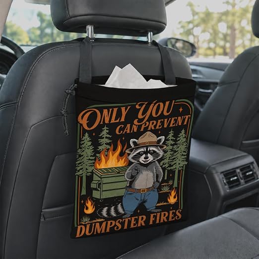 Dumpster Fire Humor Raccoon Car Garbage Bag Canvas Trash Can | Funny Forest Raccoon Drawstring Car Trash Bag Hanging for Back Seat with Adjustable Buckle