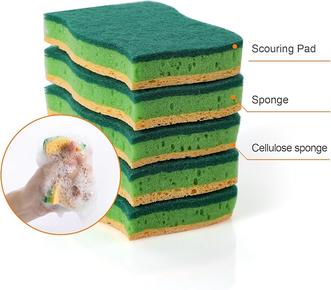 CLEANHOME Kitchen Cleaning Tool Set - 3-Pack Dish Scrub Brush Kit | with 10PCS Non-Scratch Scrub Sponges, Bottle Brush & Pot Scrubber, Safe for Cookware, Bathroom & Nonstick Surfaces
