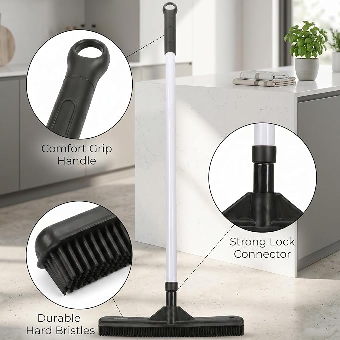 ForPro Premium FurBeGone Rubber Broom, Pet Hair Remover for All Floor Types, 12” Electrostatic Rubber Bristles, 50” Adjustable Telescopic Handle, Heavy Duty Floor & Salon Hair Broom