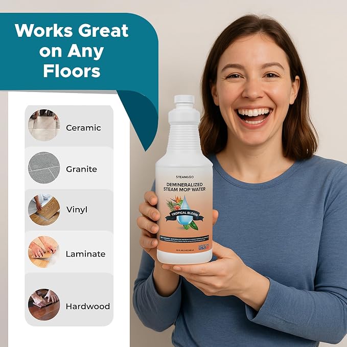 Steam & Go Demineralized Water for Steam Mop – Tropical Bloom Scent, 32 oz (Pack of 18)| Scented Floor Cleaner Solution, Ready-to-Use, Compatible with Any Steam Cleaner