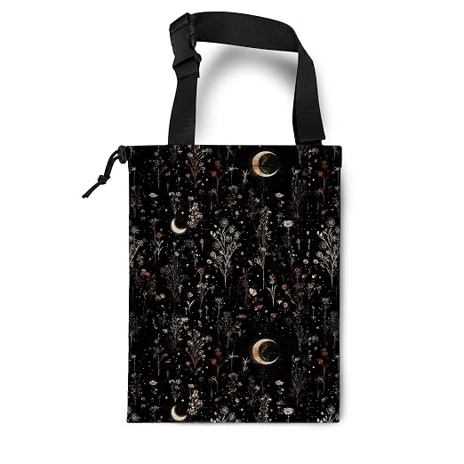 Dark Cottagecore Floral Car Trash Bag Hanging for Back Seat | Moody Crescent Moon Botanical Canvas Drawstring Car Garbage Bag with Adjustable Buckle Vehicle Trash Can