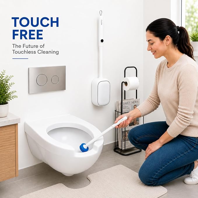 CiLoN Disposable Toilet Brush, Toilet Wand Cleaning System, Bowl Scrubber | Flip-Top Hands-Free Wall-Mounted Toilet Bowl Brush & Holder with Disposable Cleaning-Fluid Scrubbing Pads for Hygienic Use