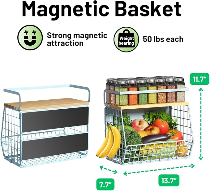 Magnetic Shelf for Fridge with Wood Lid, Fruit Potato and Onion Storage Bins, Pantry Organizers & Storage, Large Container Magnetic Spice Rack for Refrigerator, Kitchen Counter, Cabinet (Blue, 2)