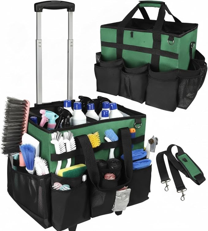 Cleaning Supplies Organizer with Wheels Portable Cleaning Bag with Trolley Heavy-Duty Wheeled Organizer Bag for Housekeeping, Pink, 40.6 32 33CM