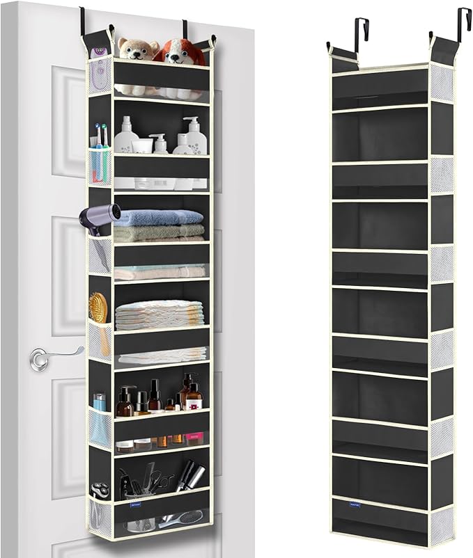 Over The Door Hanging Organizer 6-Shelves and 12 Side Pockets, Over The Door Storage Organizer, Back of Door Organizers for Baby Accessories and Children's Toys (13"x5"x54", Black)
