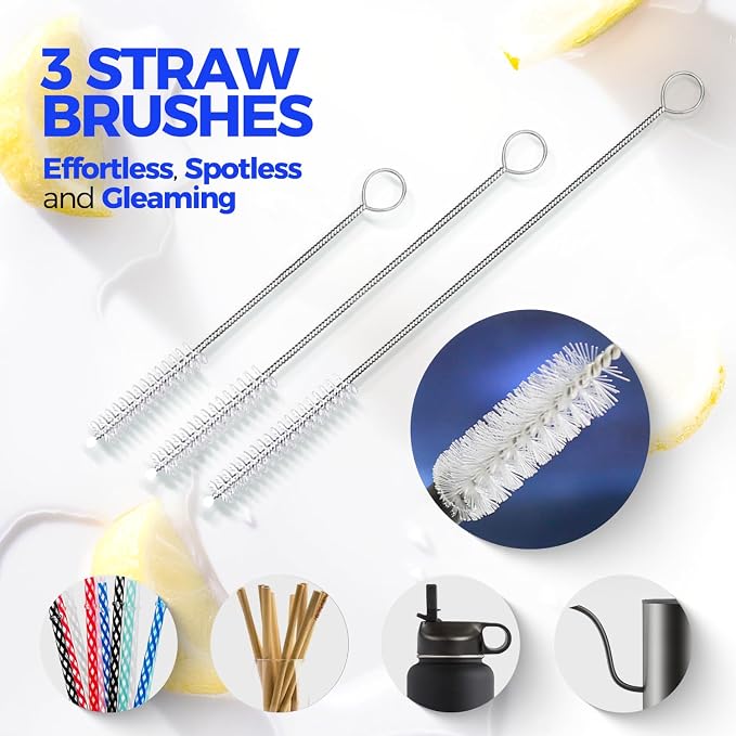 Holikme 4 Pack Bottle Brush 14" Stainless Steel Straw Cleaner Brush,Blue | Bottle Cleaner Brush, 3 Straw Cleaner Brush, Bottle Cleaning Brush for Water Bottle Cups Straw Cleaner Brush