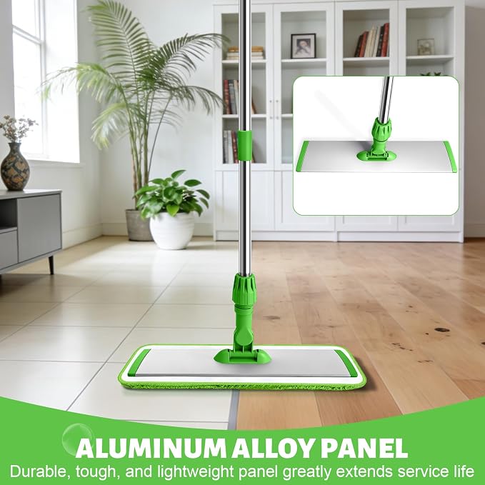 17.7" Microfiber Mop for Floor Cleaning, 360° Rotating Flat Mop with 4 Pads | ,59in Long Adjustable Stainless Steel Handle, 4 Washable Pads for Dry & Wet Cleaning for Hardwood, Vinyl, Laminate, Green