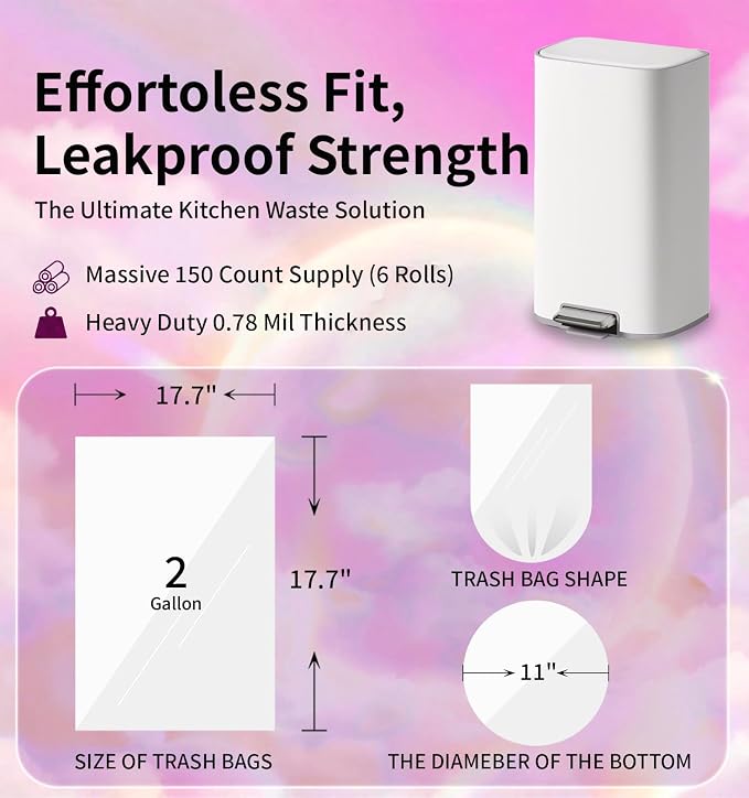 Small 2 Gallon Trash Bags Unscented, 0.78 Mil, Pink, 150 Count | 7.5 Liter Garbage Bag, Plastic Waste Basket Can Liners, Durable, Leakproof, Tear Resistant, for Bathroom Bedroom Home Bulk