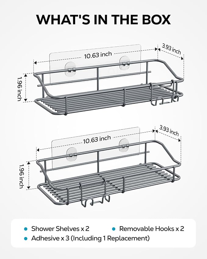 Nieifi Shower Caddy Adhesive, Shower Shelves, Shampoo Holder for Bathroom | Stainless steel, 2 pack, shower rack, shower organization, with hooks, rustproof, no drilling, razor holder, gray