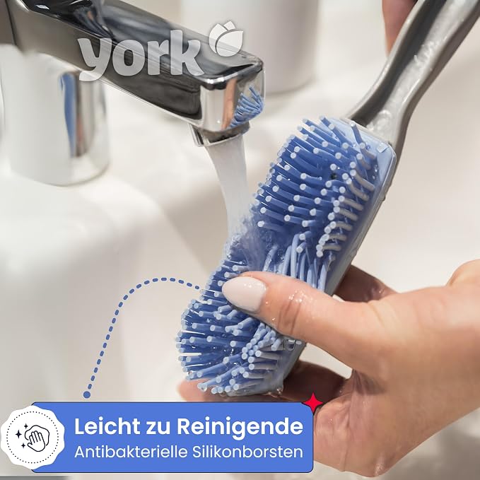 York Hand Brush and Shovel for Cleaning - Rubber Bristles Dustpan Set for Dirt, Hair and Dust Rubber Broom Sweeping Set (30 x 20 x 6) by York, Grey Blue | Antibacterial Dustpan with Rubber Lip and Hanger for Household and Kitchen, Grey/Blue