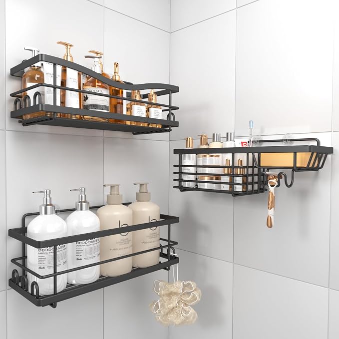 Youvip Shower Caddy, 3 Pack, Black | Large Capacity, No Drilling Adhesive, Rustproof Shelves, Soap Holder