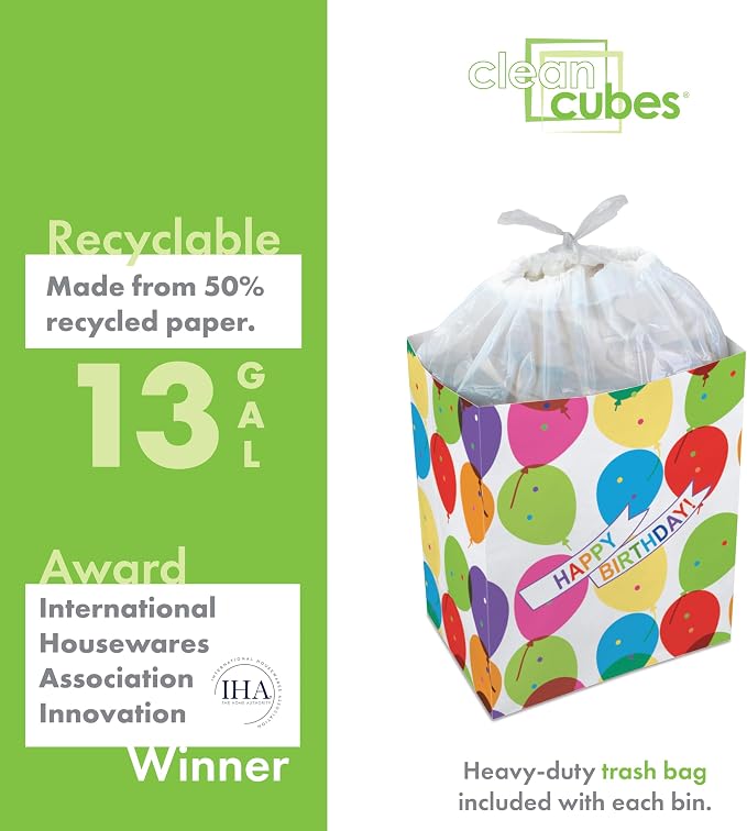 Clean Cubes 13 Gallon Disposable Pop-Up Trash Cans, 6-Pack (Birthday) | One Pack Covers the Whole Party, Place a Bin in Every Corner, No Assembly, Built-In Liner, Toss the Whole Bin When Full