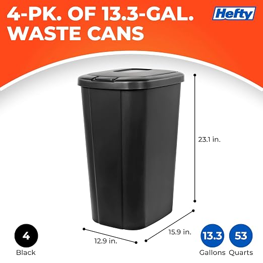 Hefty 13.3 Gallon Trash Can with Lid, Plastic Garbage Can Touch Button, Kitchen Waste Basket for Home Office, Large Capacity Trash Bin, 4 Pack, Black