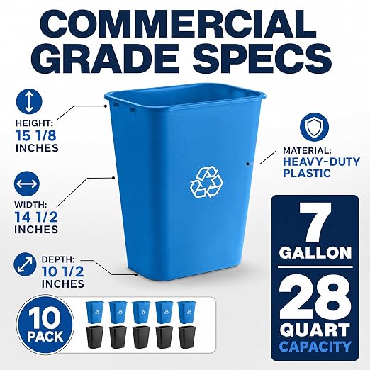 10 Pack, Recycle Wastebasket, 28 Qt. / 7 Gallon Rectangular Wastebasket / Trash Can Kit - Space Saving Recycling Bin, Narrow Spaces in Commercial, Kitchen, Home, Office, and Dorm - Black and Blue