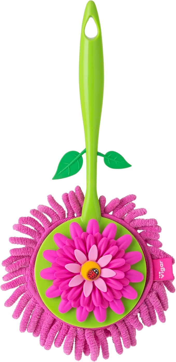 Vigar Flower Power Microfiber Duster with Non-Slip Handle | Washable Reusable Duster Head, Dust Cloth for Furniture and Delicate Surfaces, Lightweight and Compact, Home Cleaning