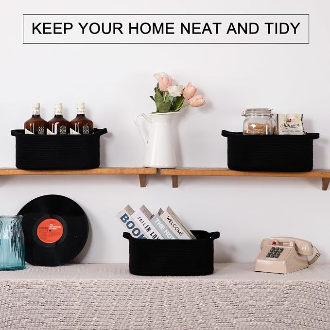 OIAHOMY 3 Pack Storage Baskets for Shelves Cotton Rope Storage Bins Black | Woven Baskets for Storage Nursery Storage Basket with Handles Baskets for Organizing Small Baskets Gift Baskets Empty