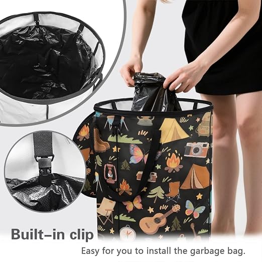 Black Collapsable Trash Can with Lid 20+ Gallon Cute Trash Can Bags with Butterfly Tent Print Waterproof Outdoor Garbage Cans for Camping, RV's, Picnic