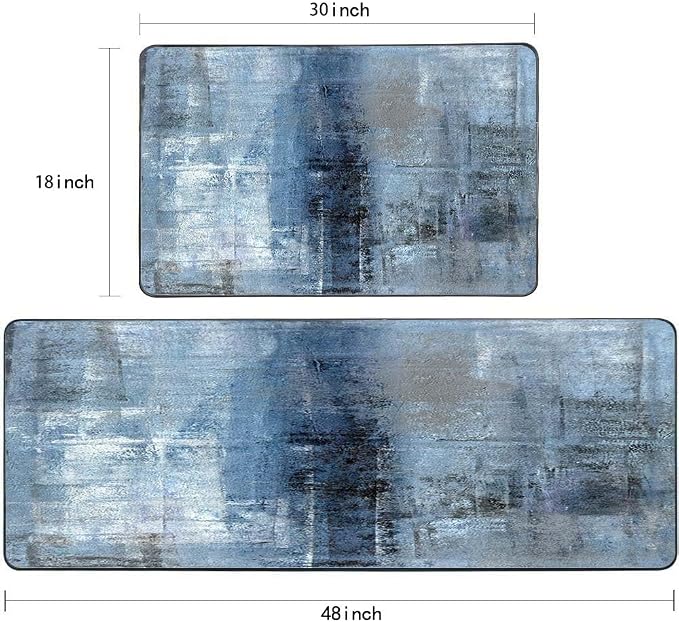 TOMWISH Kitchen Mats for Floor 2 Piece Set Blue Kitchen Runner Rug Non Skid | Cushioned Kitchen Floor Mat Vintage Office Farmhouse Runner Mat for Laundry 18"X48"+18"X30" Kitchen Decor and Accessories